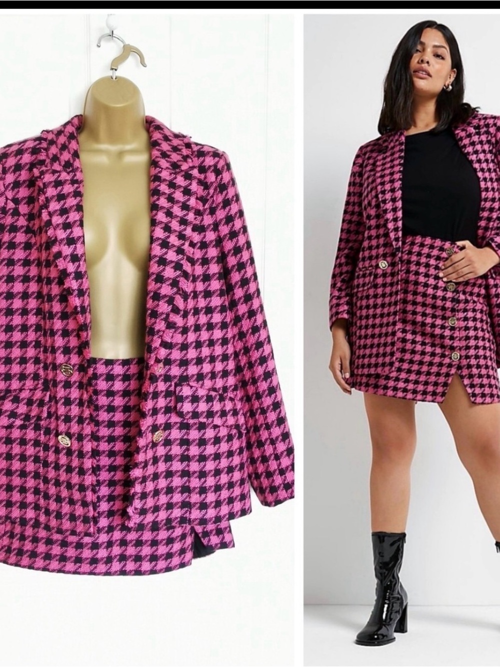 Full set- River Island Pink and Black Houndstooth Set- Blazer and skirt